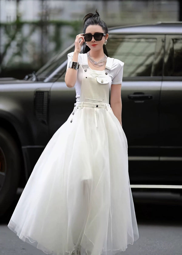 Distinctive Summer White Tulle Patchwork Denim Strap Dress