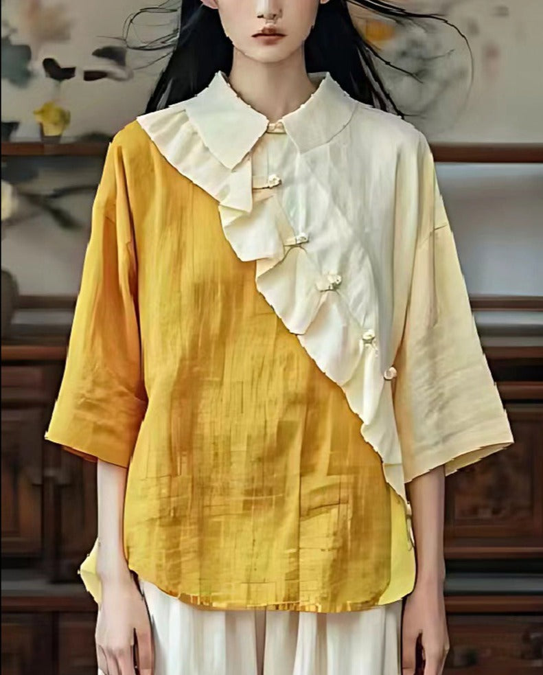 diy Yellow Ruffled Patchwork Linen Blouse Top Half Sleeve