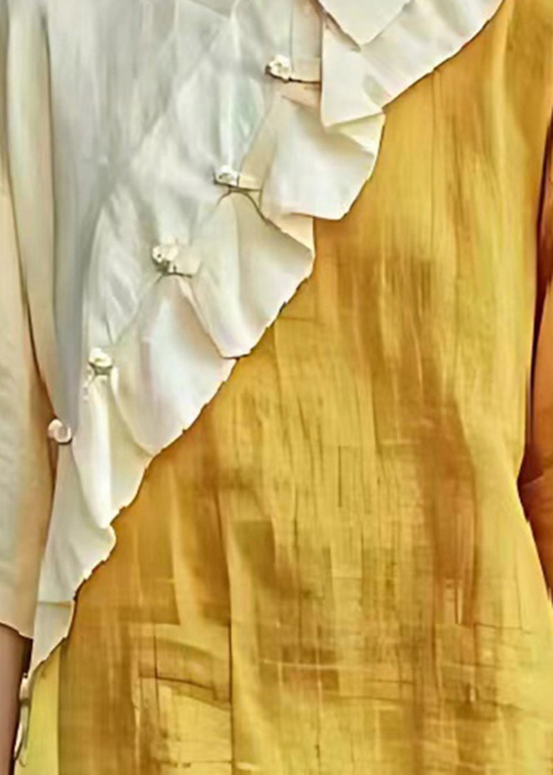 diy Yellow Ruffled Patchwork Linen Blouse Top Half Sleeve