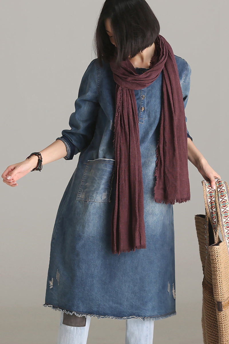 Vintage Casual Blue Denim Dresses Women Clothes