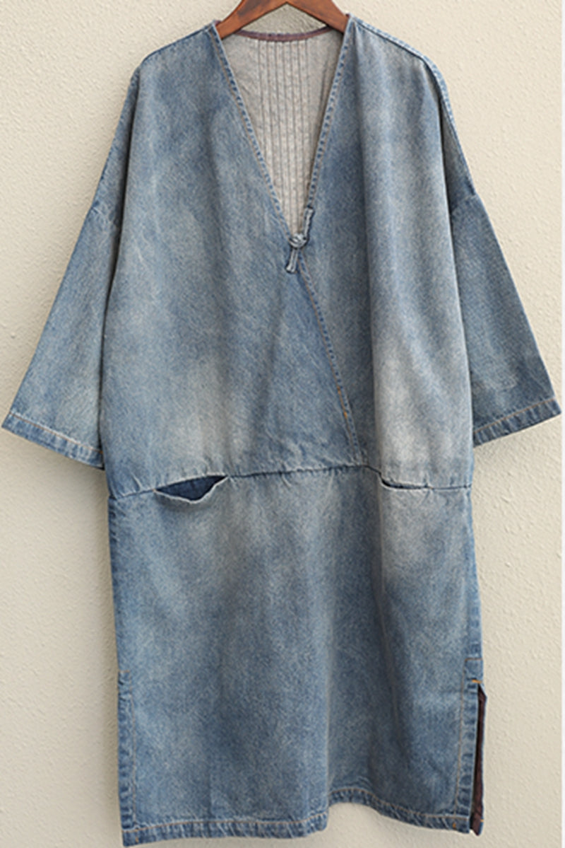 Vintage Loose Blue Denim Dresses Women Cotton Outfits