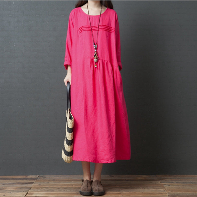 Women Korea Style Loose Linen Maxi Dresses