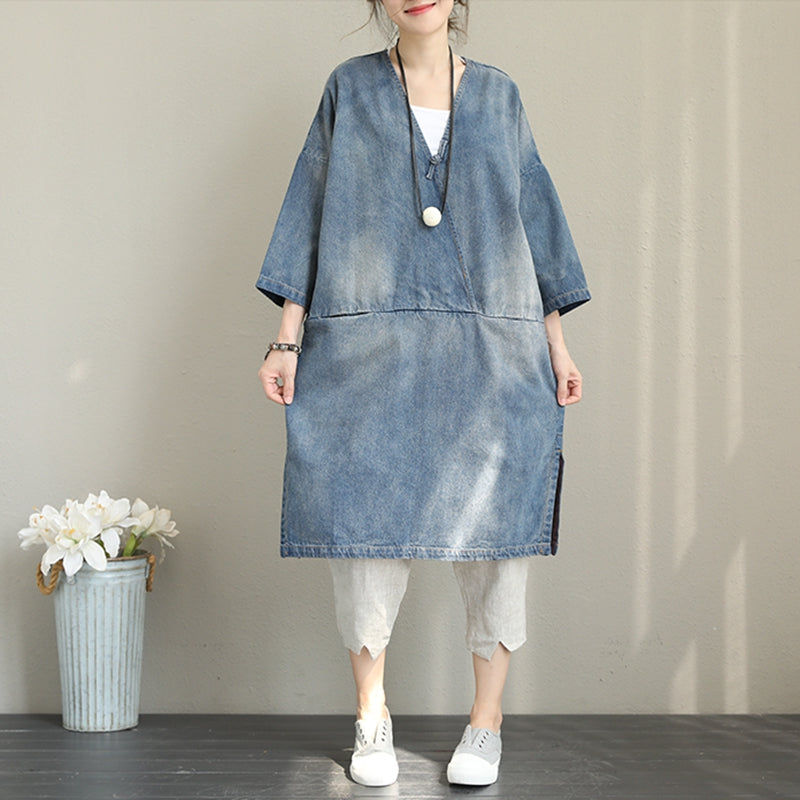 Vintage Loose Blue Denim Dresses Women Cotton Outfits