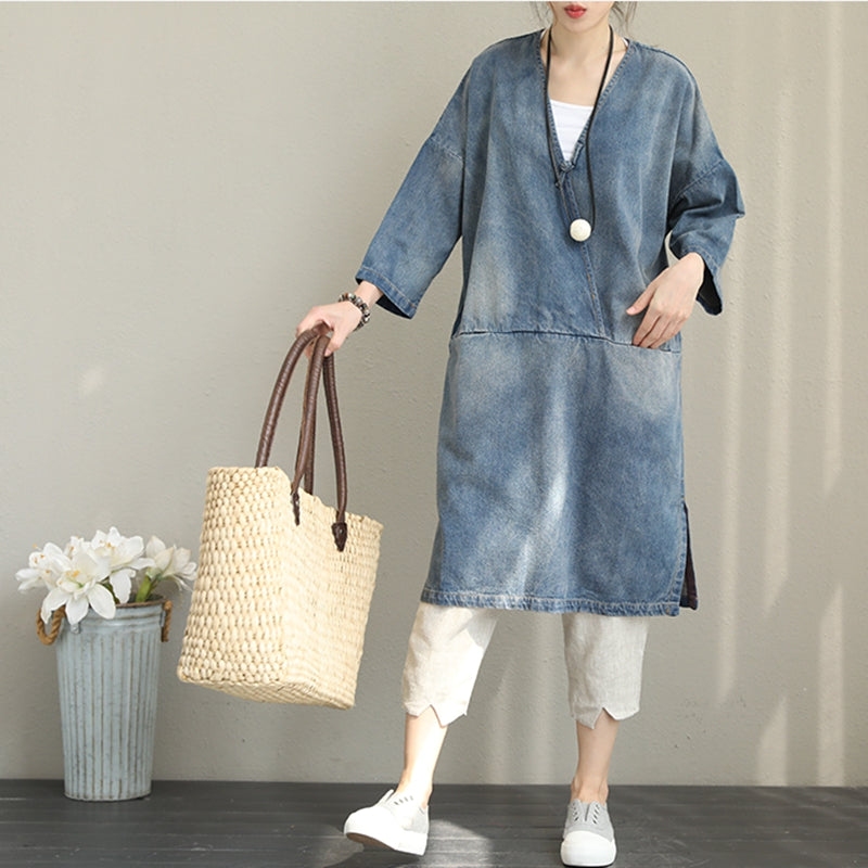 Vintage Loose Blue Denim Dresses Women Cotton Outfits