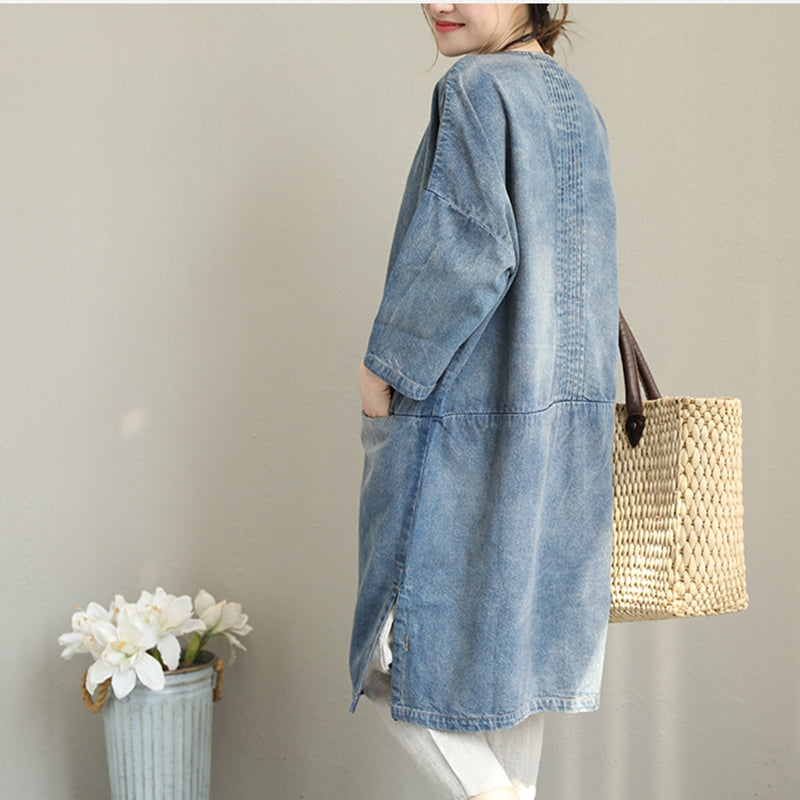 Vintage Loose Blue Denim Dresses Women Cotton Outfits