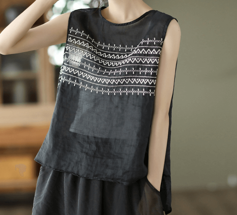 Gray Printed Women Artistic Ramie Sleeveless Top