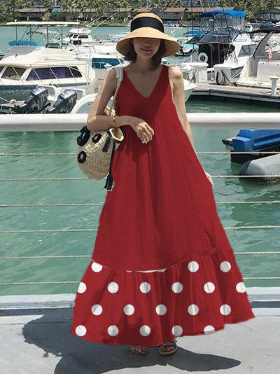 Natural Sleeveless Patchwork Cotton Quilting Dresses Work Red Polka Dots Maxi Dresses