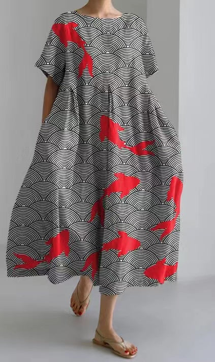 Gray Red Fish Cotton Dresses Pockets Patchwork Summer