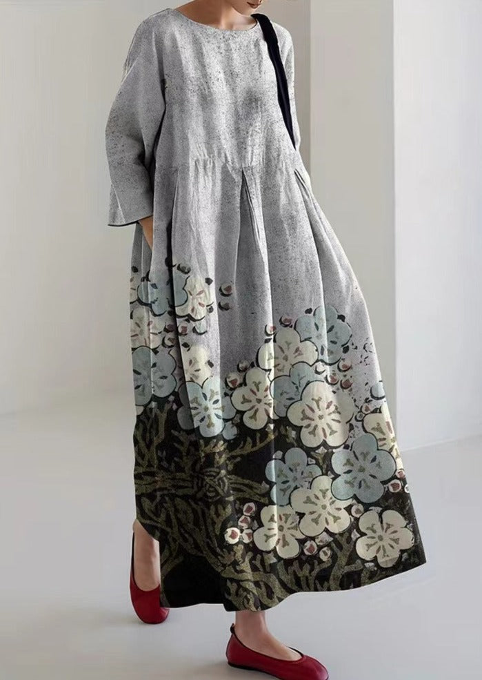 Gray Plum Flower Cotton Dresses Pockets Patchwork Summer