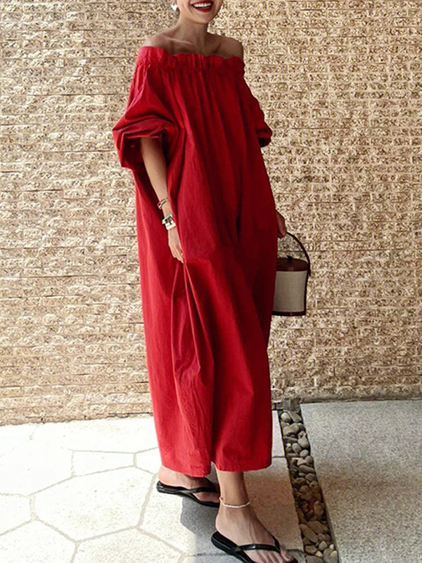 Red Half Sleeves Elasticity Pleated Off-The-Shoulder Maxi Dresses