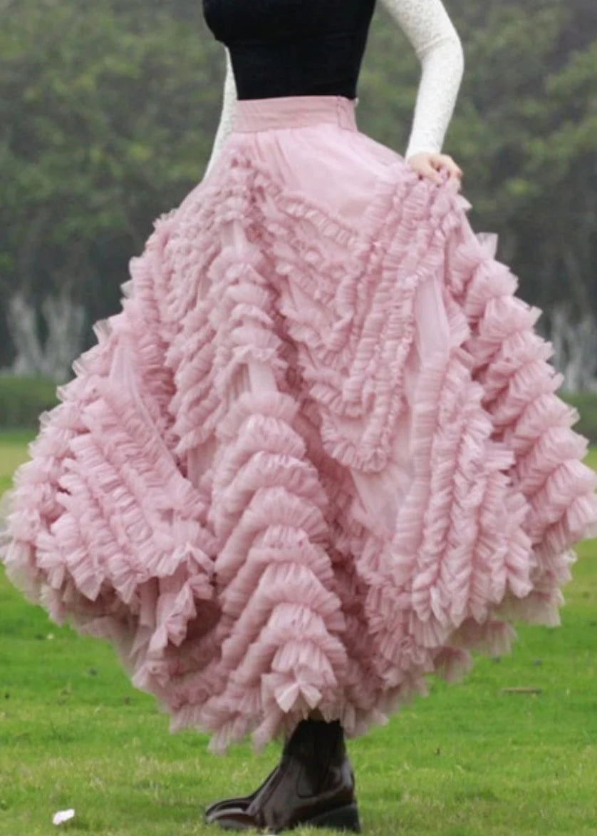 Italian Pink Ruffled High Waist Tulle Skirts Fall