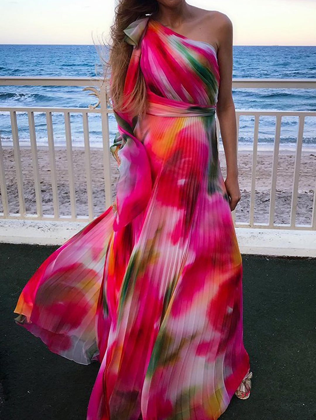 Rose Red Abstract Pattern One Shoulder Pleated Maxi Dress