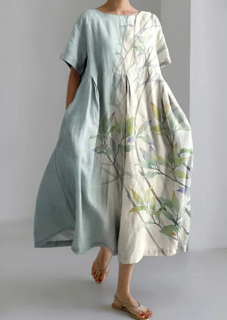 Japanese Style Floral Print Loose Midi Dress Short Sleeve