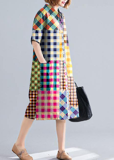 Women Pink Plaid Cotton Quilting Clothes Lapel Pockets Plus Size Dress