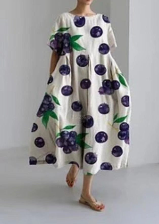 Blueberry Print Cotton Dresses Pockets Patchwork Summer