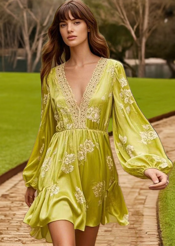 Women Yellow Green V Neck Print Patchwork Silk Mid Dresses Spring