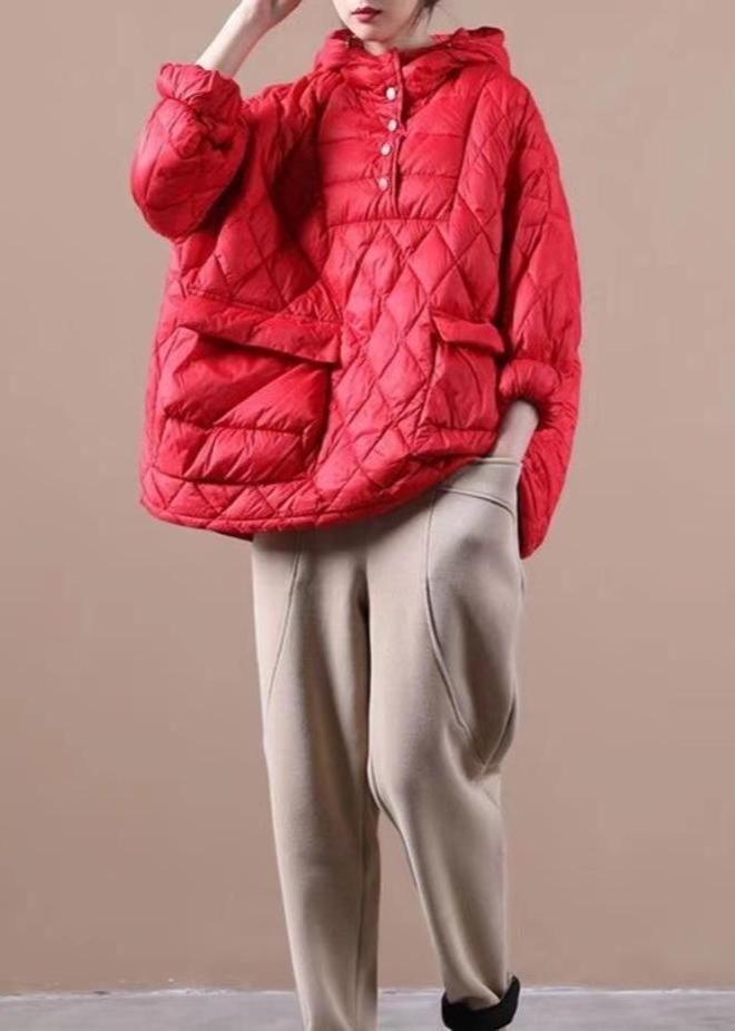 Plus Size Red Winter Puffer Jacket Hooded Down Coat