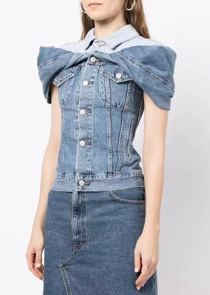 Stitching Contrast Color Fake Two-piece Denim Shirt