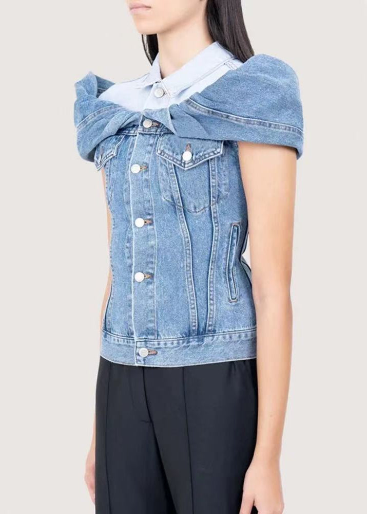 Stitching Contrast Color Fake Two-piece Denim Shirt