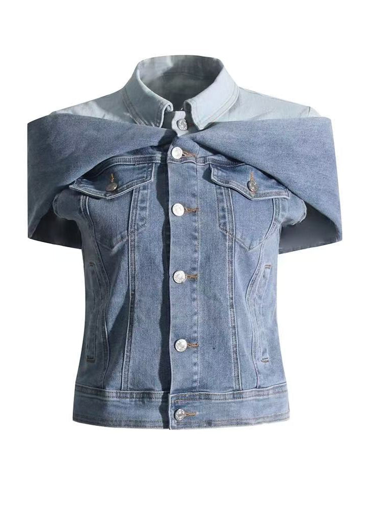 Stitching Contrast Color Fake Two-piece Denim Shirt