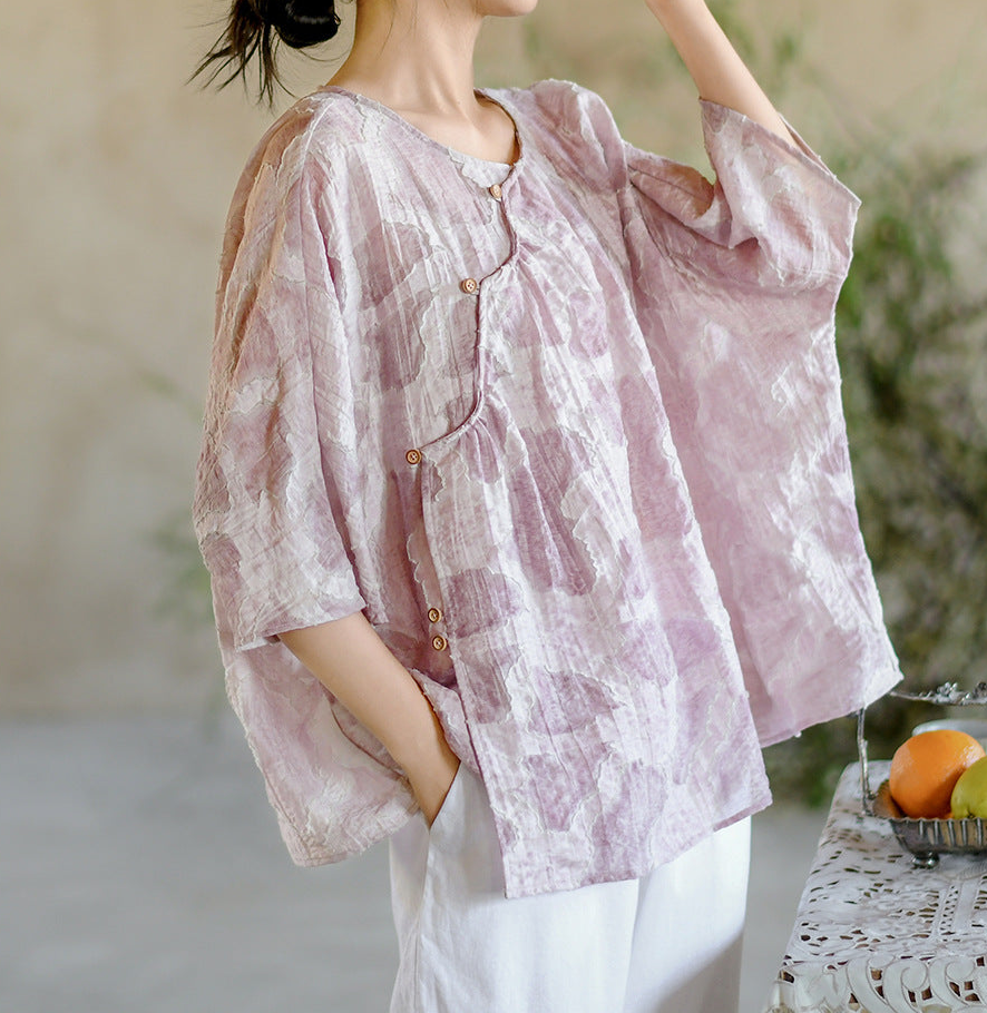 Pink Summer Retro Floral Printed Tops Half Sleeve