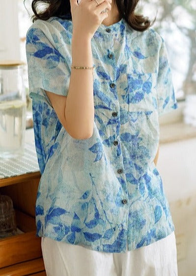 Blue Summer Linen Casual Shirt Short Sleeve