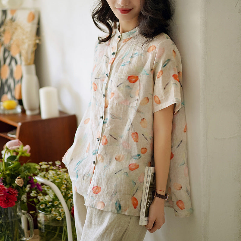 Blue Summer Linen Casual Shirt Short Sleeve