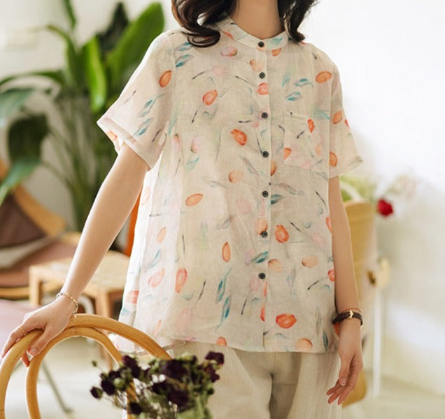 Blue Summer Linen Casual Shirt Short Sleeve