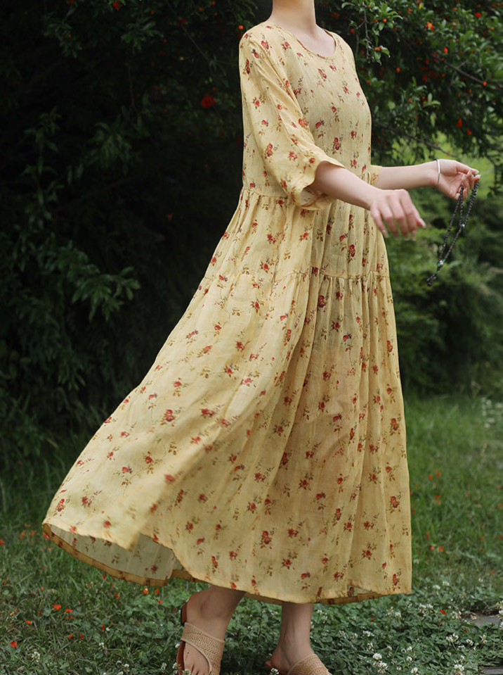 Yellow Flower Printed Summer Linen Dress