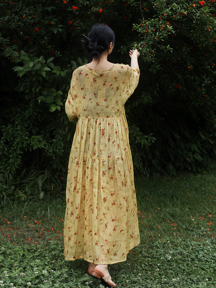 Yellow Flower Printed Summer Linen Dress