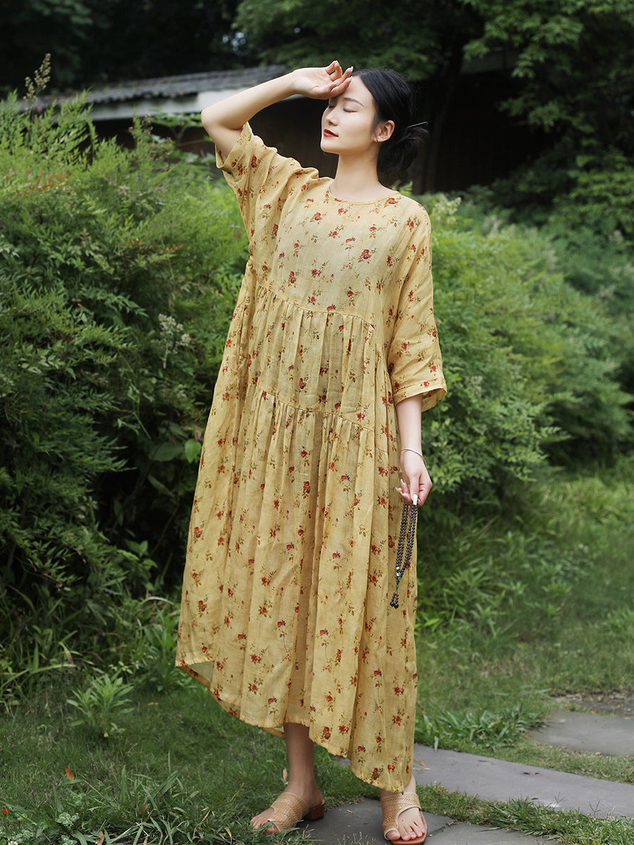 Yellow Flower Printed Summer Linen Dress