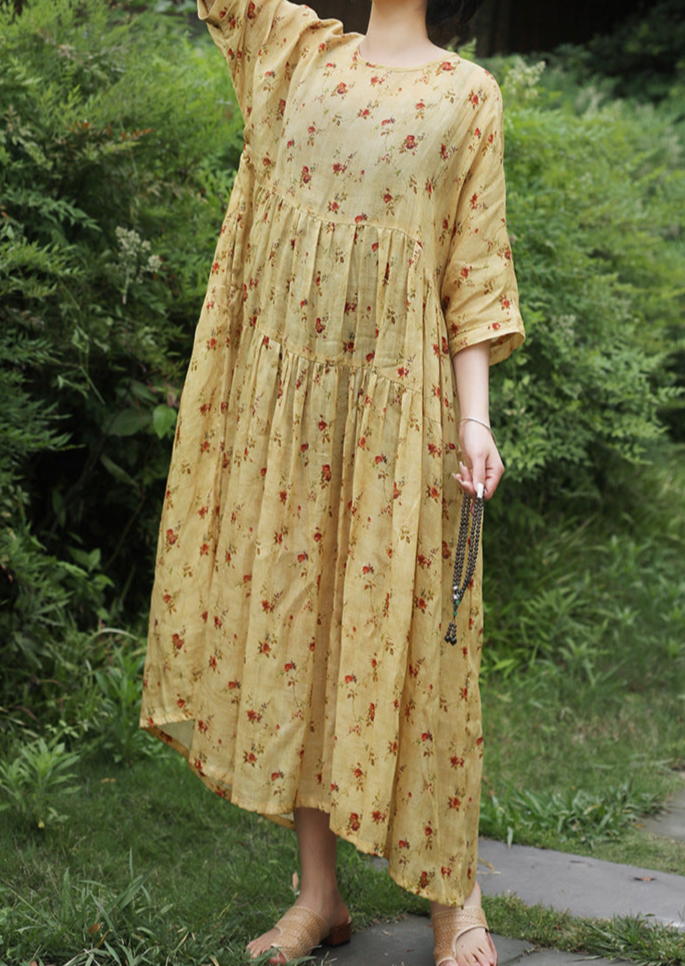 Yellow Flower Printed Summer Linen Dress