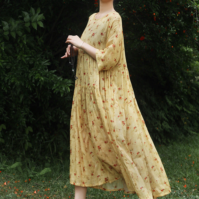 Yellow Flower Printed Summer Linen Dress