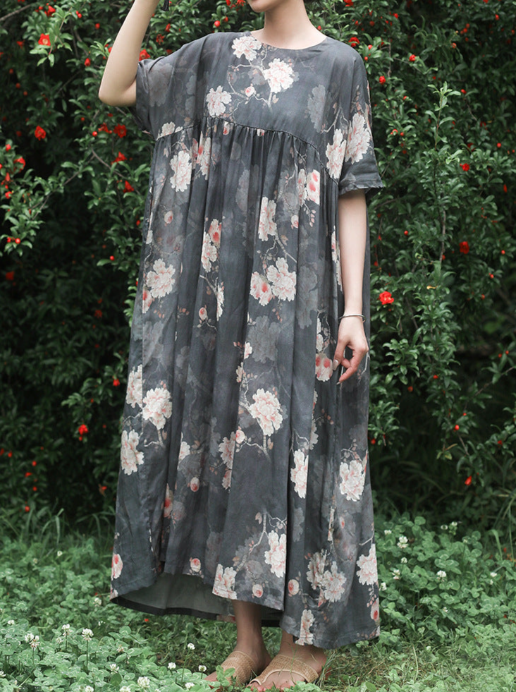 Summer Retro Linen Grey Flower Print Dress Short Sleeve