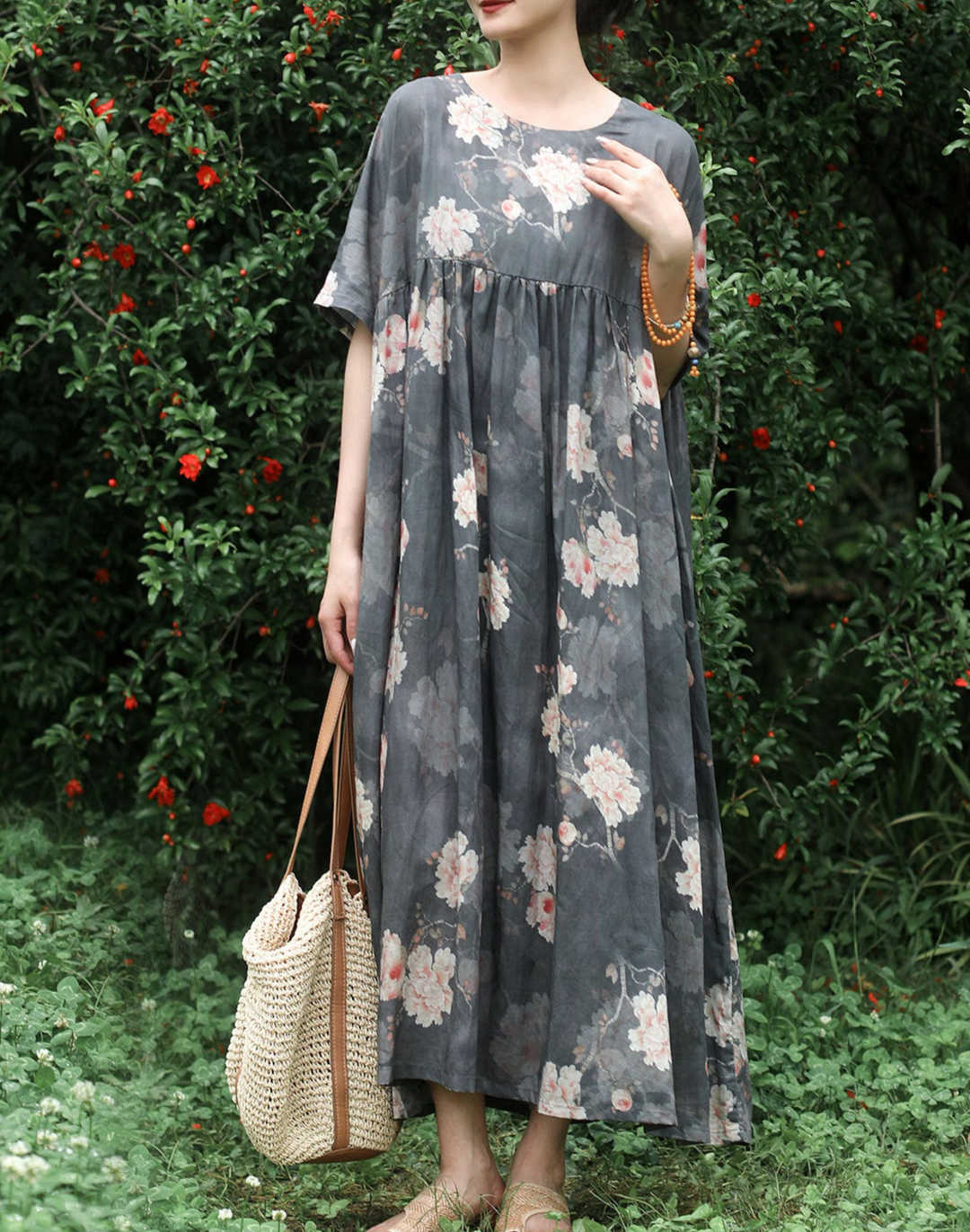 Summer Retro Linen Grey Flower Print Dress Short Sleeve