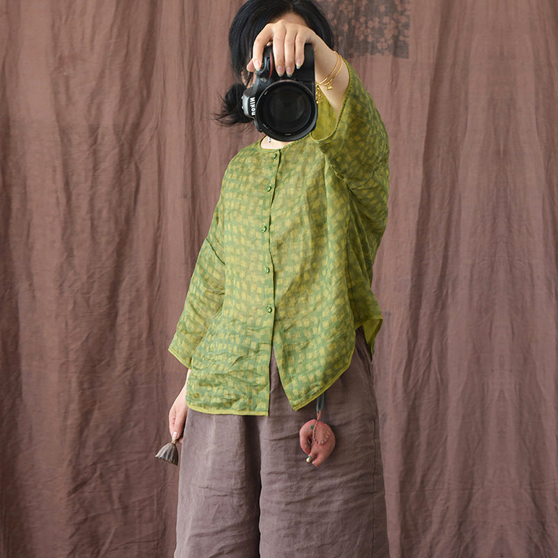 Green Summer Linen Printed Tops Long Sleeve