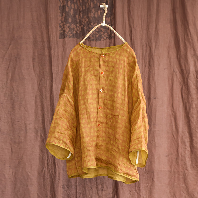 Green Summer Linen Printed Tops Long Sleeve