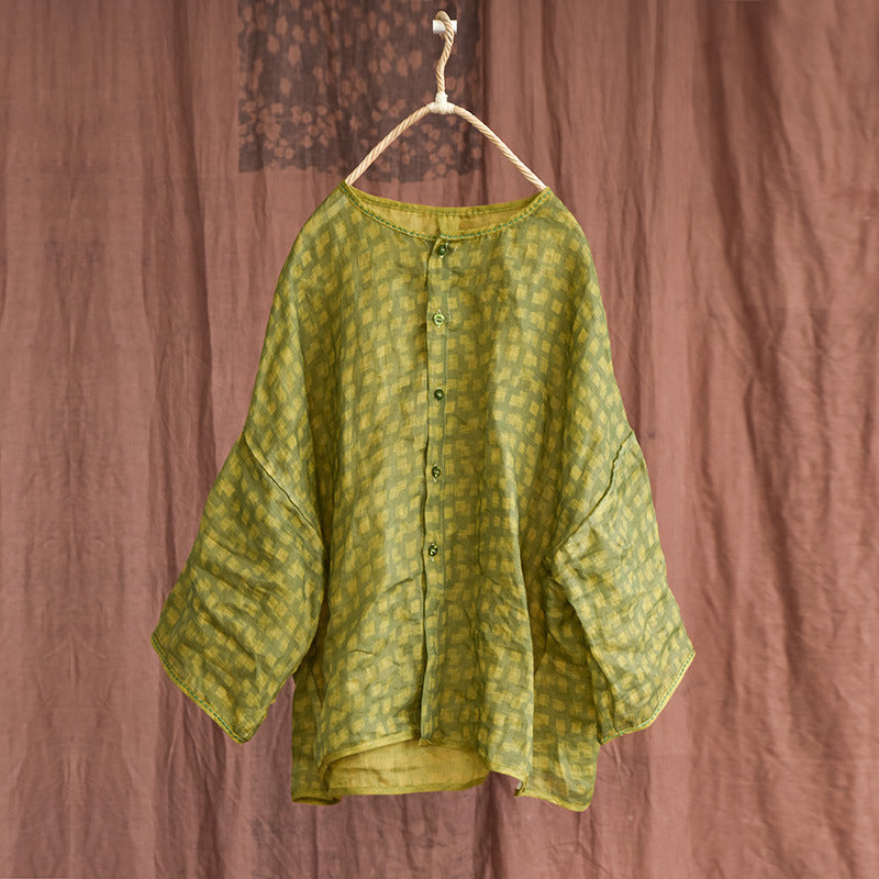 Green Summer Linen Printed Tops Long Sleeve