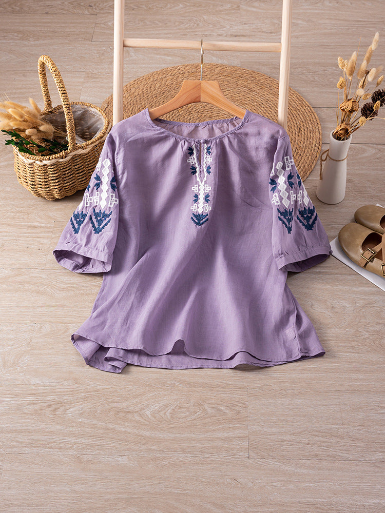 Casual Summer  Linen Embroidery Shirt Short Sleeve