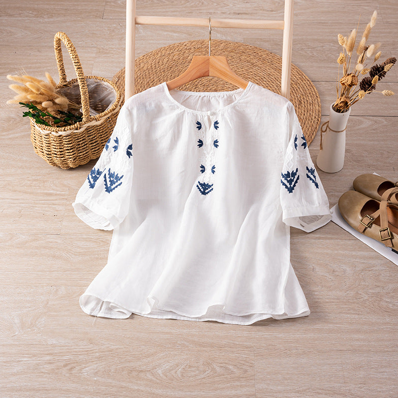 Casual Summer  Linen Embroidery Shirt Short Sleeve