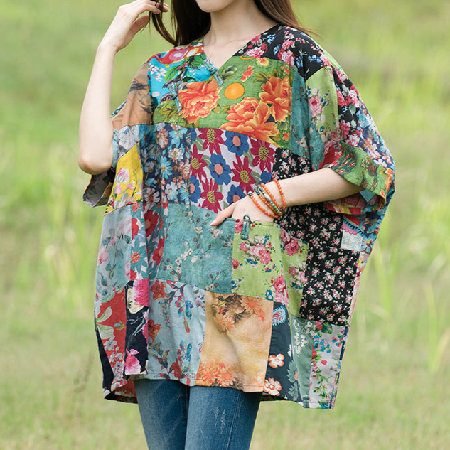 Yellow Summer Floral Printed Cotton Linen Tops Half Sleeve