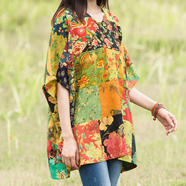 Yellow Summer Floral Printed Cotton Linen Tops Half Sleeve