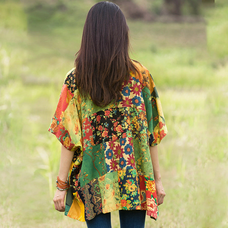 Yellow Summer Floral Printed Cotton Linen Tops Half Sleeve