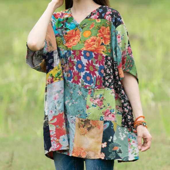 Yellow Summer Floral Printed Cotton Linen Tops Half Sleeve