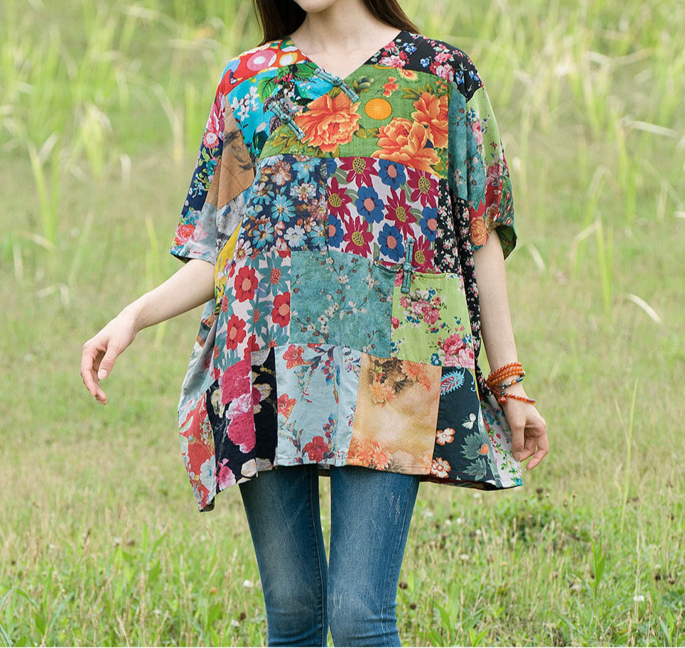 Yellow Summer Floral Printed Cotton Linen Tops Half Sleeve