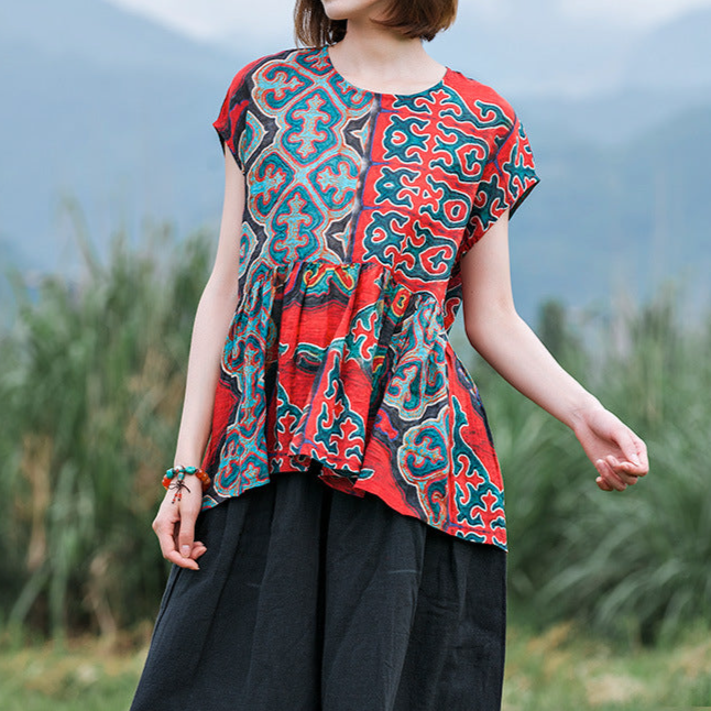 Summer Red Linen Ethnic Printed Tops Short Sleeve