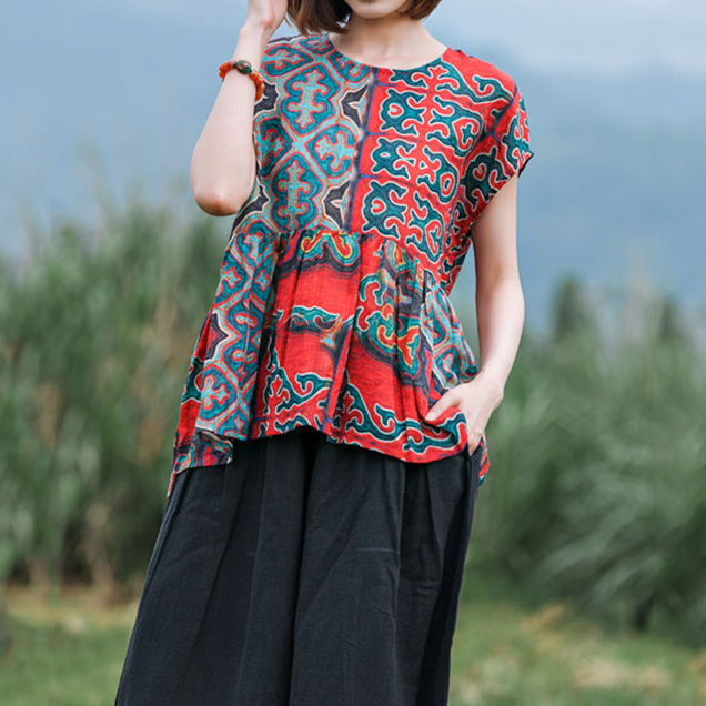 Summer Red Linen Ethnic Printed Tops Short Sleeve