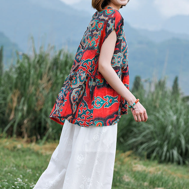 Summer Red Linen Ethnic Printed Tops Short Sleeve