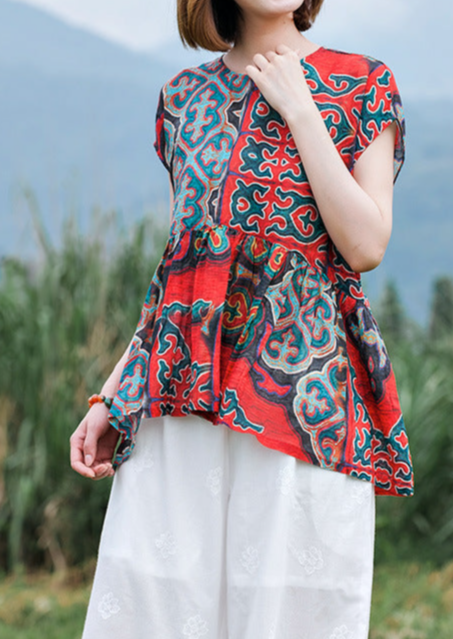 Summer Red Linen Ethnic Printed Tops Short Sleeve