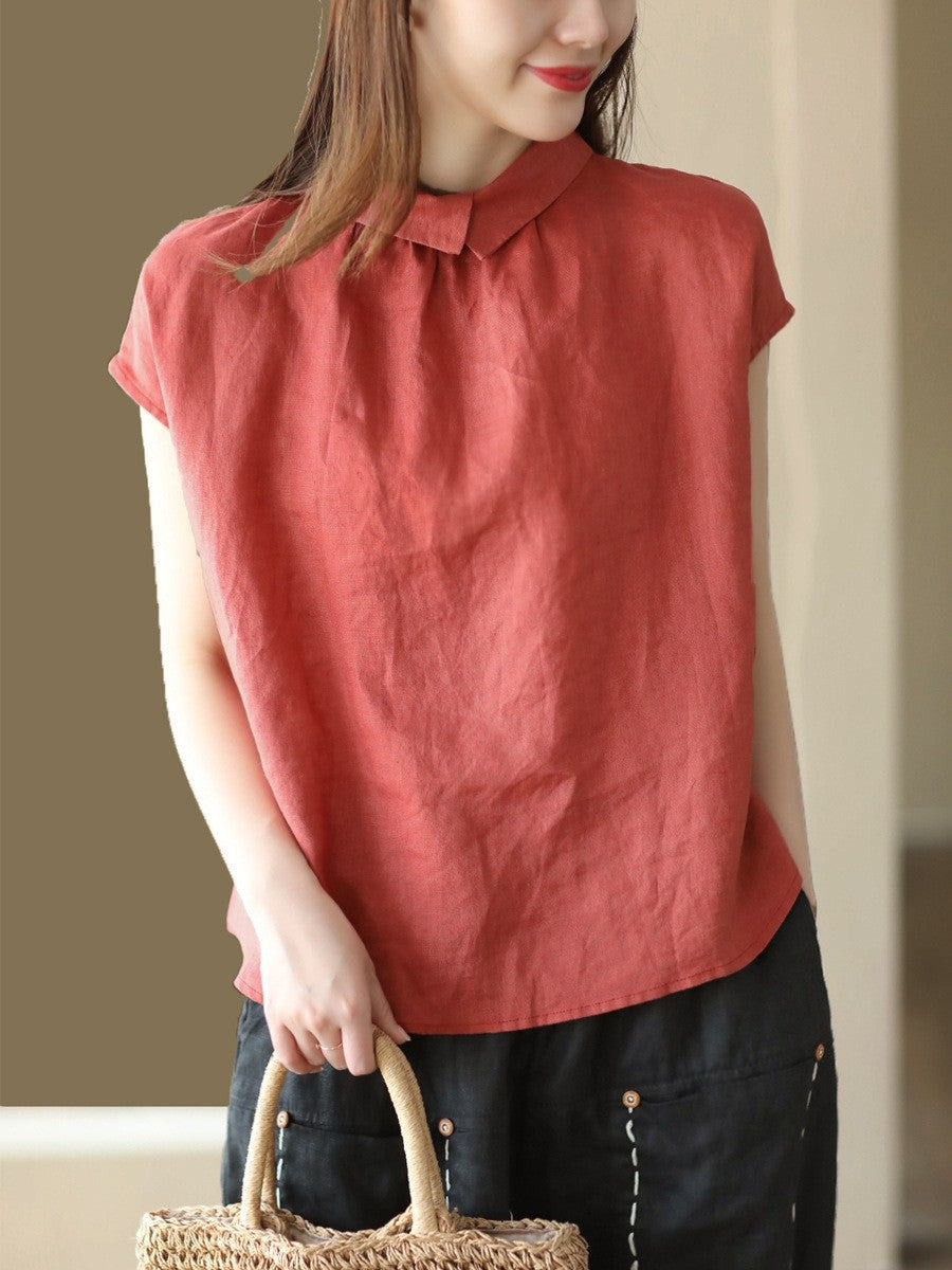 Casual Red Women Classic Retro Linen Top Short Sleeve